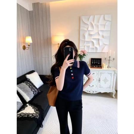 BY14462# 巨好看绝美小个子漂亮polo领撞色针织短袖女彩色扣子显瘦气质上衣服裝批發女裝批發服飾貨源