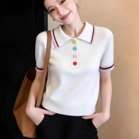 BY14462# 巨好看绝美小个子漂亮polo领撞色针织短袖女彩色扣子显瘦气质上衣服裝批發女裝批發服飾貨源