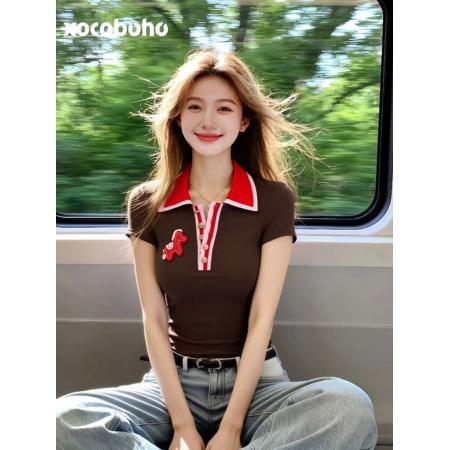 BY14464# 夏季独特超好看单穿上衣小众不撞款Polo领咖色短袖t恤打底衫服裝批發女裝批發服飾貨源