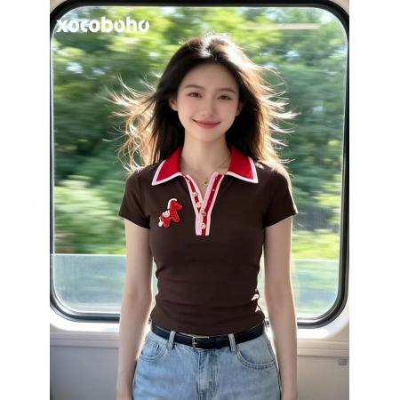 BY14464# 夏季独特超好看单穿上衣小众不撞款Polo领咖色短袖t恤打底衫服裝批發女裝批發服飾貨源