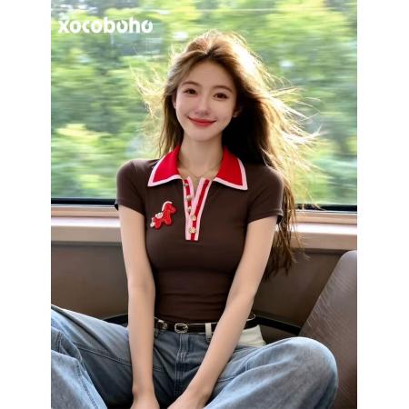 BY14464# 夏季独特超好看单穿上衣小众不撞款Polo领咖色短袖t恤打底衫服裝批發女裝批發服飾貨源