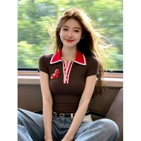 BY14464# 夏季独特超好看单穿上衣小众不撞款Polo领咖色短袖t恤打底衫服裝批發女裝批發服飾貨源