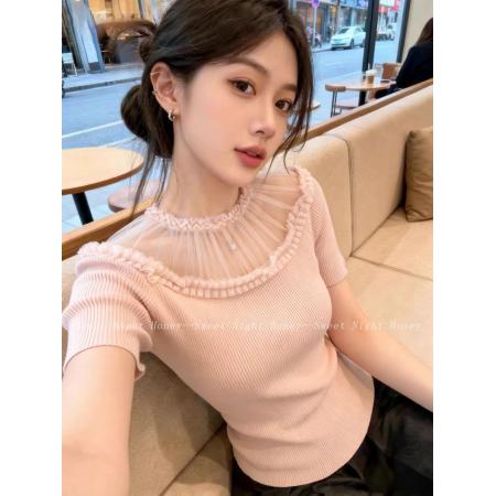 BY14465# 夏季新款温柔风蕾丝花边圆领短袖针织衫女修身气质减龄T恤上衣女服裝批發女裝批發服飾貨源