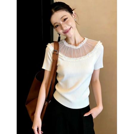 BY14465# 夏季新款温柔风蕾丝花边圆领短袖针织衫女修身气质减龄T恤上衣女服裝批發女裝批發服飾貨源