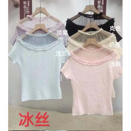 BY14465# 夏季新款温柔风蕾丝花边圆领短袖针织衫女修身气质减龄T恤上衣女服裝批發女裝批發服飾貨源