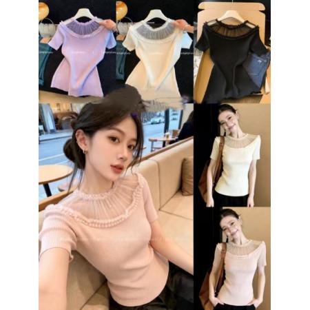 BY14465# 夏季新款温柔风蕾丝花边圆领短袖针织衫女修身气质减龄T恤上衣女服裝批發女裝批發服飾貨源