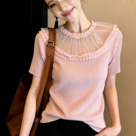 BY14465# 夏季新款温柔风蕾丝花边圆领短袖针织衫女修身气质减龄T恤上衣女服裝批發女裝批發服飾貨源