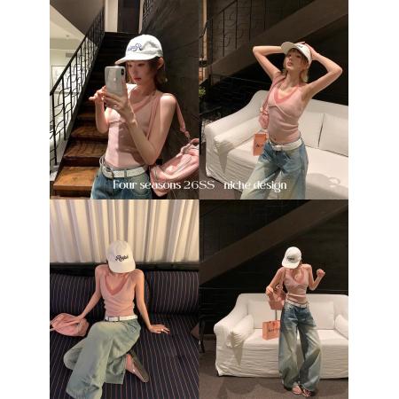 BY14466# 今年春季新款藏青色菱格V领细肩带吊带背心女风时尚显瘦上衣潮服裝批發女裝批發服飾貨源