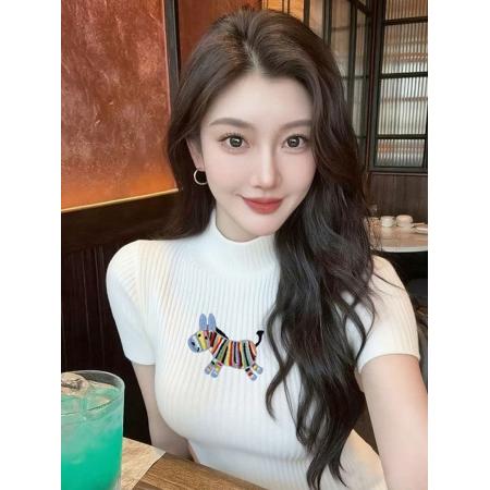 BY14467# 彩虹马刺绣半高领短袖针织衫女独特超好看修身打底衫早春上衣服裝批發女裝批發服飾貨源