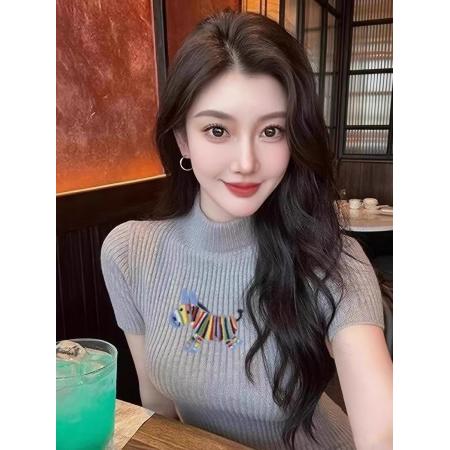 BY14467# 彩虹马刺绣半高领短袖针织衫女独特超好看修身打底衫早春上衣服裝批發女裝批發服飾貨源