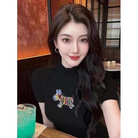 BY14467# 彩虹马刺绣半高领短袖针织衫女独特超好看修身打底衫早春上衣服裝批發女裝批發服飾貨源