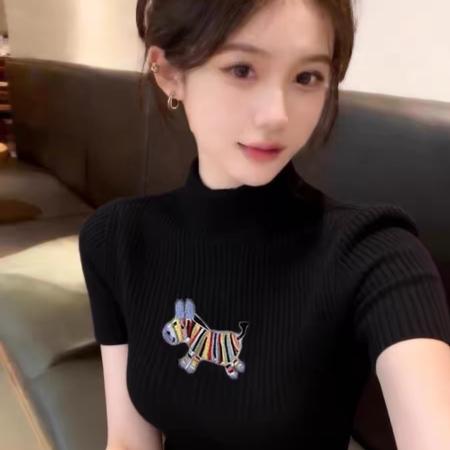 BY14467# 彩虹马刺绣半高领短袖针织衫女独特超好看修身打底衫早春上衣服裝批發女裝批發服飾貨源