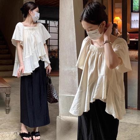 BY14469# 法式不规则超仙短袖雪纺衫夏微胖大码设计感遮肚子娃娃衫流行上衣服裝批發女裝批發服飾貨源