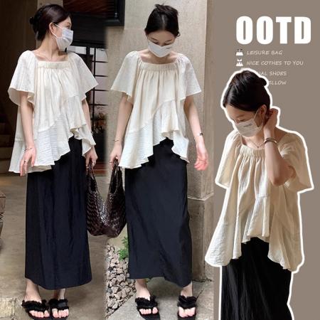 BY14469# 法式不规则超仙短袖雪纺衫夏微胖大码设计感遮肚子娃娃衫流行上衣服裝批發女裝批發服飾貨源