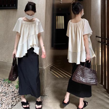 BY14469# 法式不规则超仙短袖雪纺衫夏微胖大码设计感遮肚子娃娃衫流行上衣服裝批發女裝批發服飾貨源