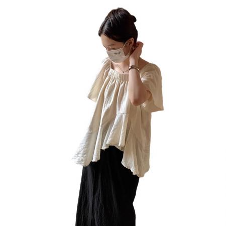 BY14469# 法式不规则超仙短袖雪纺衫夏微胖大码设计感遮肚子娃娃衫流行上衣服裝批發女裝批發服飾貨源