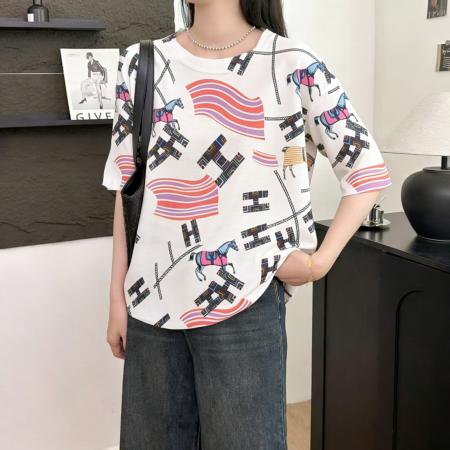 BY14470# 夏季女士薄款卡通印花半袖针织短袖t恤女新款慵懒风宽松上衣服裝批發女裝批發服飾貨源