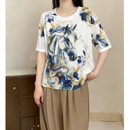 BY14470# 夏季女士薄款卡通印花半袖针织短袖t恤女新款慵懒风宽松上衣服裝批發女裝批發服飾貨源