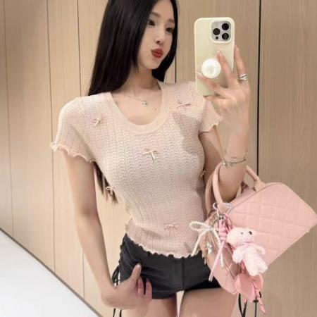 BY14471# 粉色蝴蝶结针织衫短袖t恤女夏季新款小香风气质甜美减龄显瘦上衣服裝批發女裝批發服飾貨源