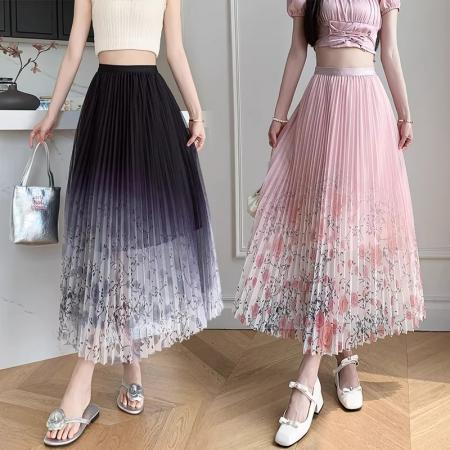 BY14472# 网纱半身裙女印花小清新夏季新款显瘦碎花A字大摆百褶裙纱裙服裝批發女裝批發服飾貨源