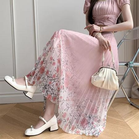 BY14472# 网纱半身裙女印花小清新夏季新款显瘦碎花A字大摆百褶裙纱裙服裝批發女裝批發服飾貨源