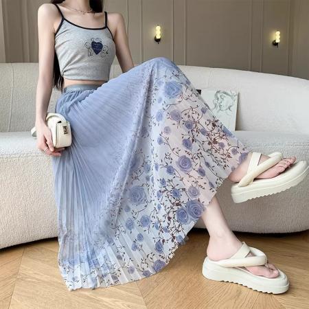 BY14472# 网纱半身裙女印花小清新夏季新款显瘦碎花A字大摆百褶裙纱裙服裝批發女裝批發服飾貨源