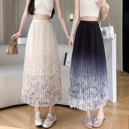 BY14472# 网纱半身裙女印花小清新夏季新款显瘦碎花A字大摆百褶裙纱裙服裝批發女裝批發服飾貨源