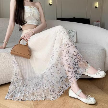 BY14472# 网纱半身裙女印花小清新夏季新款显瘦碎花A字大摆百褶裙纱裙服裝批發女裝批發服飾貨源