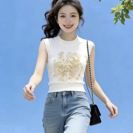 BY14473# 自留款推荐重工刺绣针织背心女新款高级感减龄显瘦无袖上衣服裝批發女裝批發服飾貨源