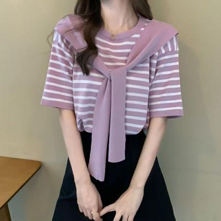 BY14474# 披肩条纹短袖针织衫女夏季新款韩版宽松冰丝t恤百搭薄款上衣服裝批發女裝批發服飾貨源