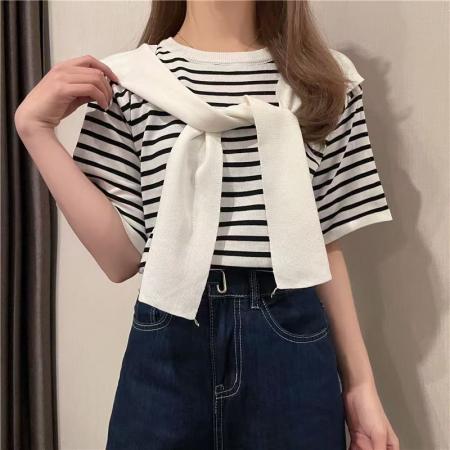 BY14474# 披肩条纹短袖针织衫女夏季新款韩版宽松冰丝t恤百搭薄款上衣服裝批發女裝批發服飾貨源
