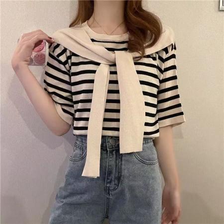BY14474# 披肩条纹短袖针织衫女夏季新款韩版宽松冰丝t恤百搭薄款上衣服裝批發女裝批發服飾貨源