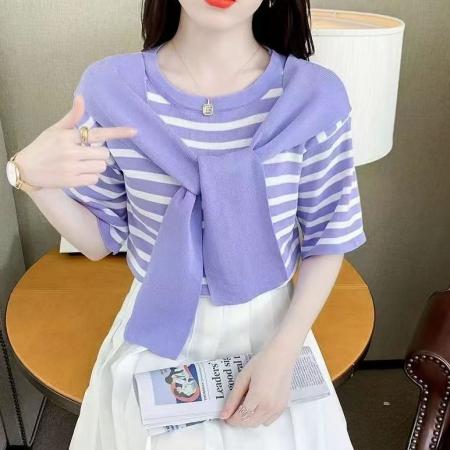 BY14474# 披肩条纹短袖针织衫女夏季新款韩版宽松冰丝t恤百搭薄款上衣服裝批發女裝批發服飾貨源