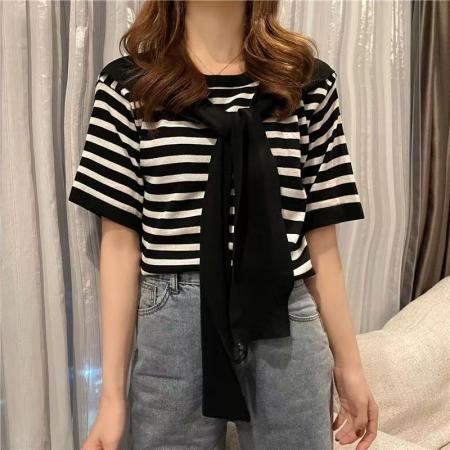 BY14474# 披肩条纹短袖针织衫女夏季新款韩版宽松冰丝t恤百搭薄款上衣服裝批發女裝批發服飾貨源