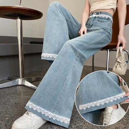 BY14476# 浅色蕾丝花边牛仔裤女春夏季新款胖mm大码显瘦高腰宽松微喇叭长裤服裝批發女裝批發服飾貨源