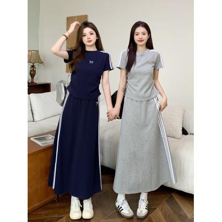 BY14478# 大码胖mm慵懒风漂亮显瘦穿搭套装女夏季短袖T恤半身裙高腰两件套服裝批發女裝批發服飾貨源