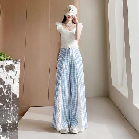 FA56866# 蕾丝拼接阔腿裤女夏季薄款小个子高腰显瘦宽松直筒垂感拖地长裤