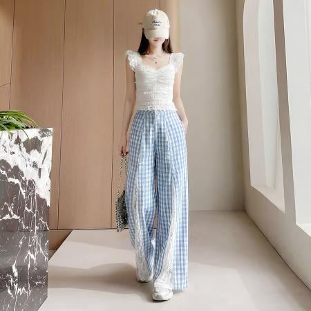 FA56866# 蕾丝拼接阔腿裤女夏季薄款小个子高腰显瘦宽松直筒垂感拖地长裤