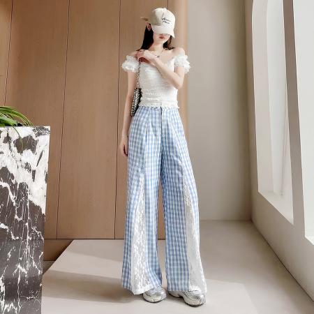 FA56866# 蕾丝拼接阔腿裤女夏季薄款小个子高腰显瘦宽松直筒垂感拖地长裤