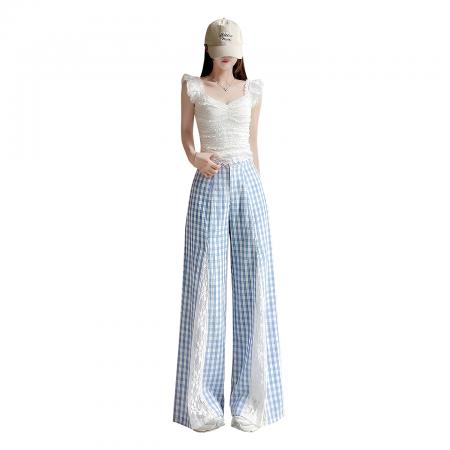 FA56866# 蕾丝拼接阔腿裤女夏季薄款小个子高腰显瘦宽松直筒垂感拖地长裤