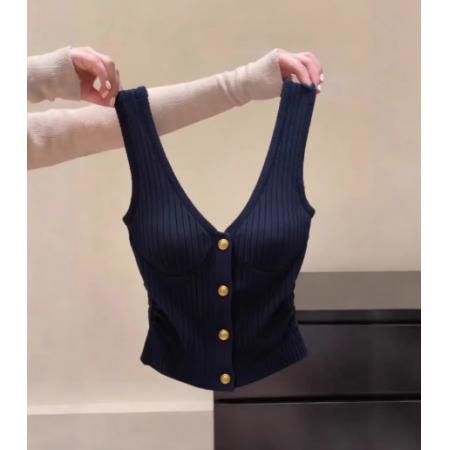 FA56869# 外贸专柜出口法式复古风带胸垫纽扣设计吊带修身内搭外穿背心