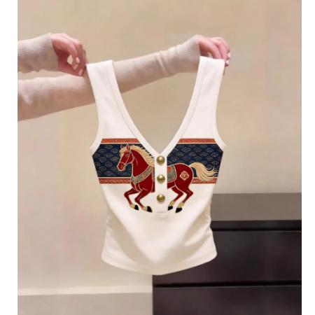 FA56872#复古吊带背心修身显瘦针织百搭彩色小马白色上衣