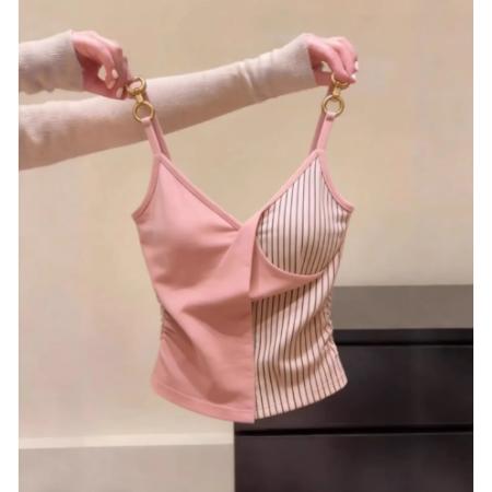 FA56873# 新款独特气质条纹拼接吊带背心收腰设计感上衣