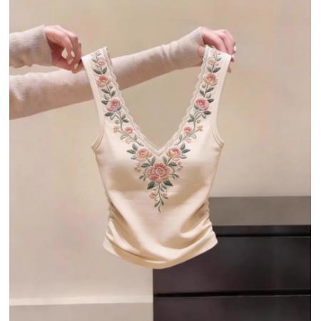 FA56875# 复古清新花朵刺绣设计吊带背心温柔修身内搭上衣