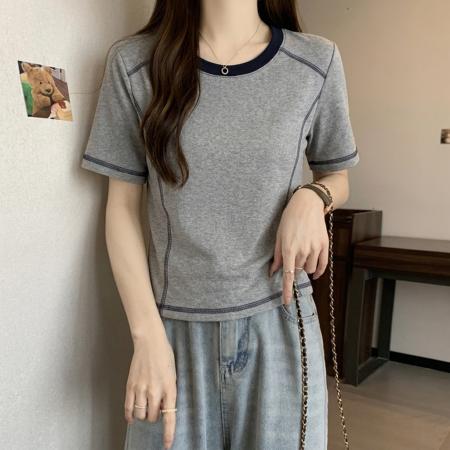 BY14400# 大码夏季胖MM韩版明线撞色正肩短袖t恤女设计感别致休闲上衣 服裝批發女裝批發服飾貨源