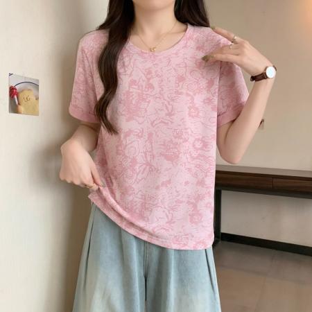 BY14403# 夏季新款欧货粉色印花圆领短袖t恤大码女胖MM设计感别致洋气上衣 服裝批發女裝批發服飾貨源