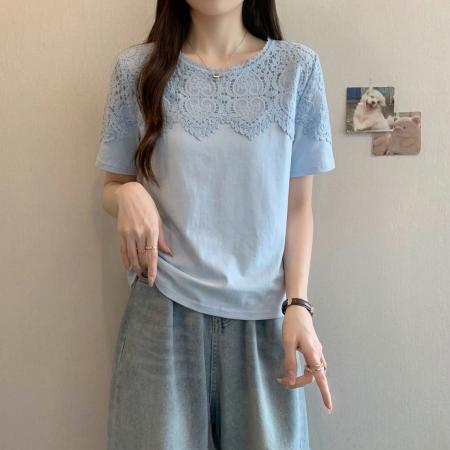 BY14404# 大码欧货蕾丝钩花拼接短袖t恤女新款夏季设计感漂亮别致上衣 服裝批發女裝批發服飾貨源