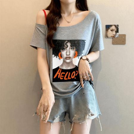 BY14414# 高级感美式正肩上衣女新款夏季大码胖MM灰色印花斜肩短袖T恤 服裝批發女裝批發服飾貨源