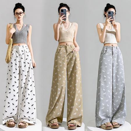 BY14482# 高腰垂感直筒裤女春夏新款小马印花宽松显瘦遮肉阔腿裤子 服裝批發女裝批發服飾貨源