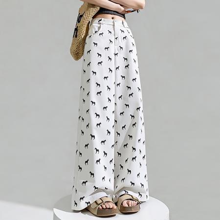 BY14482# 高腰垂感直筒裤女春夏新款小马印花宽松显瘦遮肉阔腿裤子 服裝批發女裝批發服飾貨源